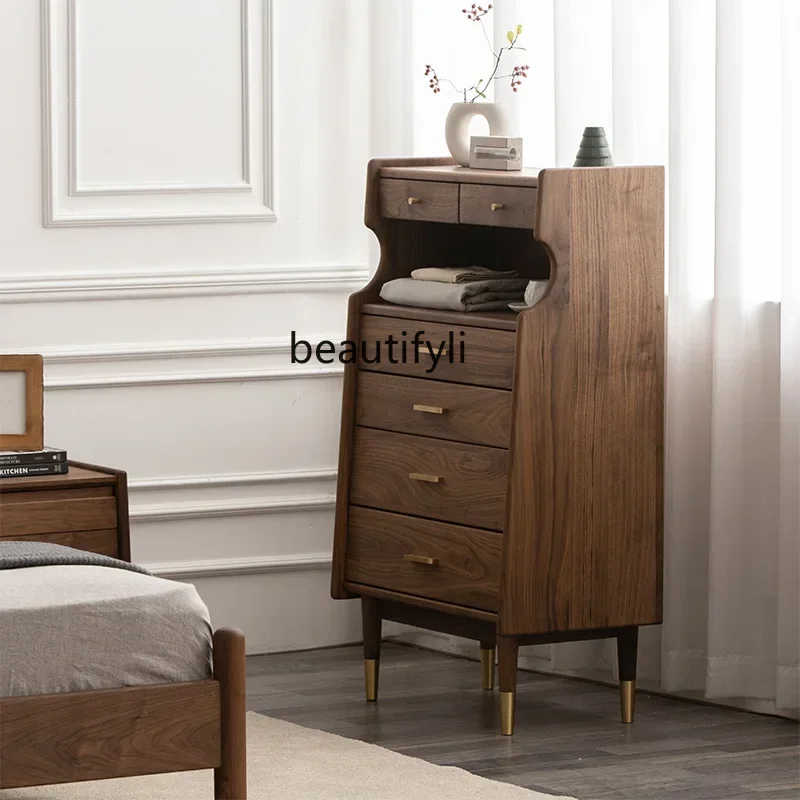 lt Solid Wood Living Room Chest of Drawers Black Walnut Wooden Storage Cabinet Light Luxury Sofa Copper Feet Side Cabinet