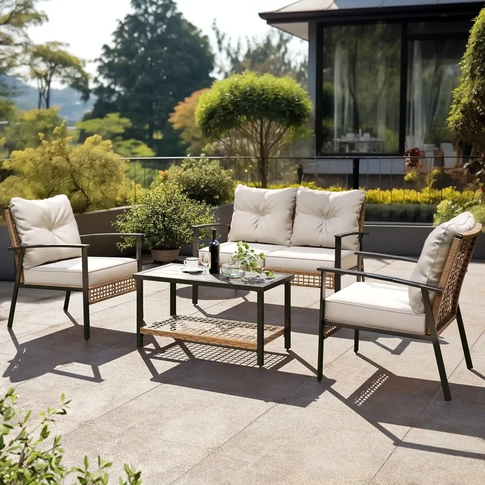 

4-piece Patio Lounge Set, Comfortable Oversized Outdoor Furniture Set with Soft Cushions and Storage Metal Coffee Table