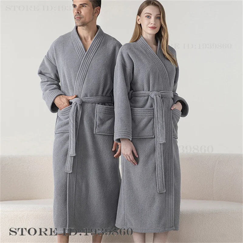 Albornoz Kimono largo de franela gruesa para hombre, ropa de dormir informal, cálida, Coral de lana de ropa de dormir, ropa de estar por casa para pareja, Invierno