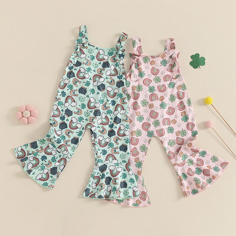 

2024-11-05 Lioraitiin 6M-4Y Kids Girls Overalls Rainbow Shamrock Print Spring Flare Pants Clothes Irish Holiday