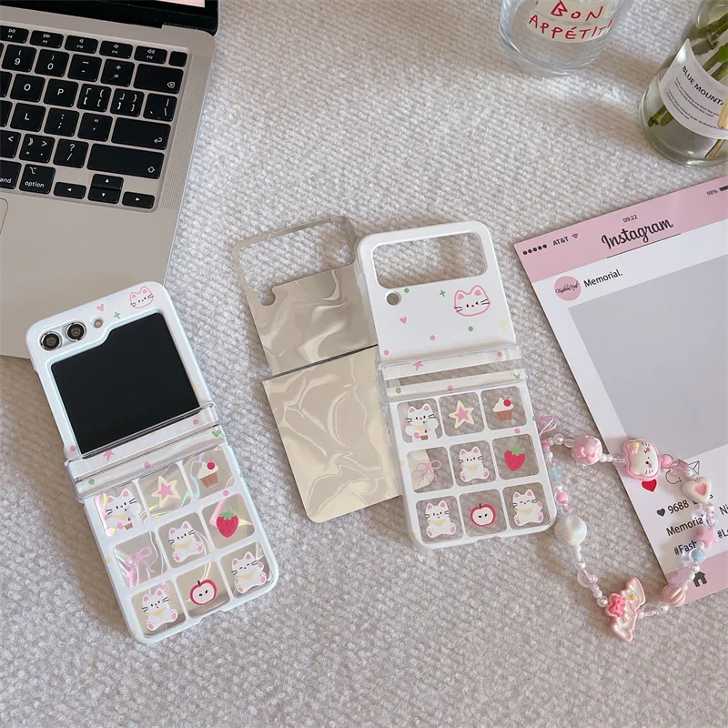 Cartoon Nine Grid Cat Phone Case for Samsung Galaxy ZFlip7 6 Hard Cover for ZFlip3 Zflip4 Zflip5 Solid Shell Bracket