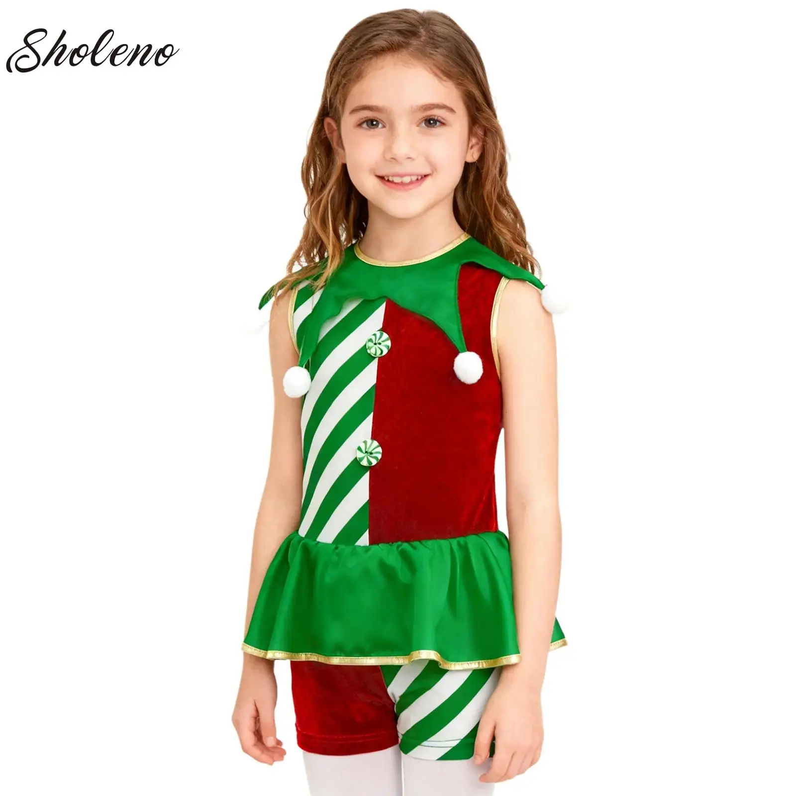 

Teen Girls Candy Cane Christmas Dance Jumpsuit Waist Ruffled Overlay Gymnastics Leotard Holiday Santa Cosplay Costume Dancewear