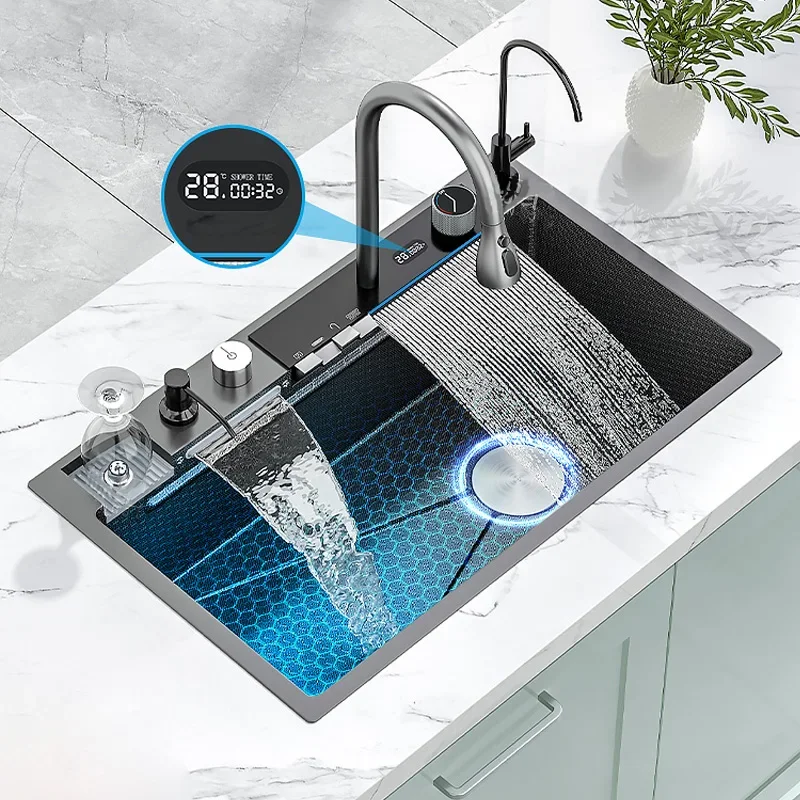 

Stainless Steel Waterfall Kitchen Sink Large Single Slot Integrated Digital Display Faucet Set Wash Basin For Kitchen