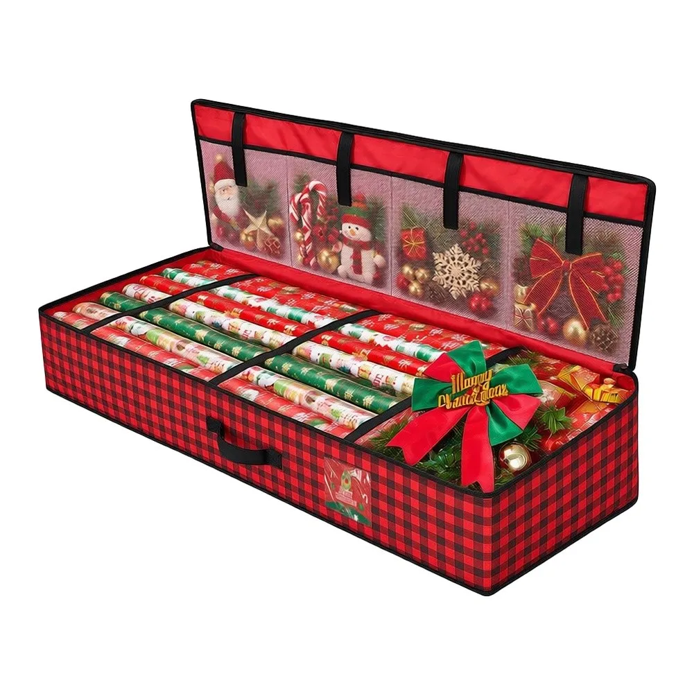 Red Christmas Ornament Storage Bag With Dividers And Clear Pockets 99x35x15cm Large Capacity Organizer For Holiday Decorations