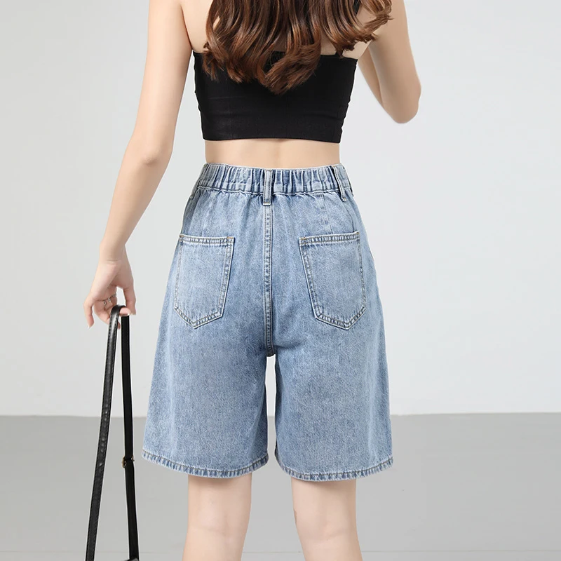 New Women Summer Dark Blue Denim Shorts Fashion All-match Stretch Waist Loose Shorts Casual Basic Straight Thin Shorts