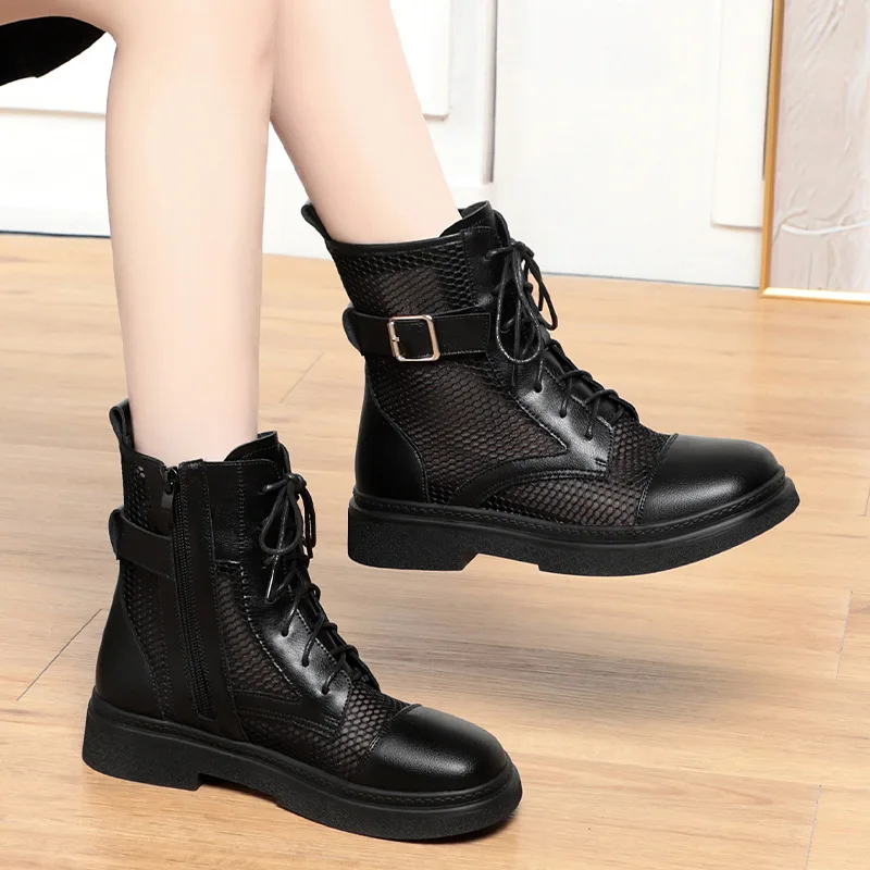 Spring Fashion Women Summer Mesh Lace-up Short Ankle Boots Versatile Casual Breathable Hollow Boots Platform Thin Shoes Grace