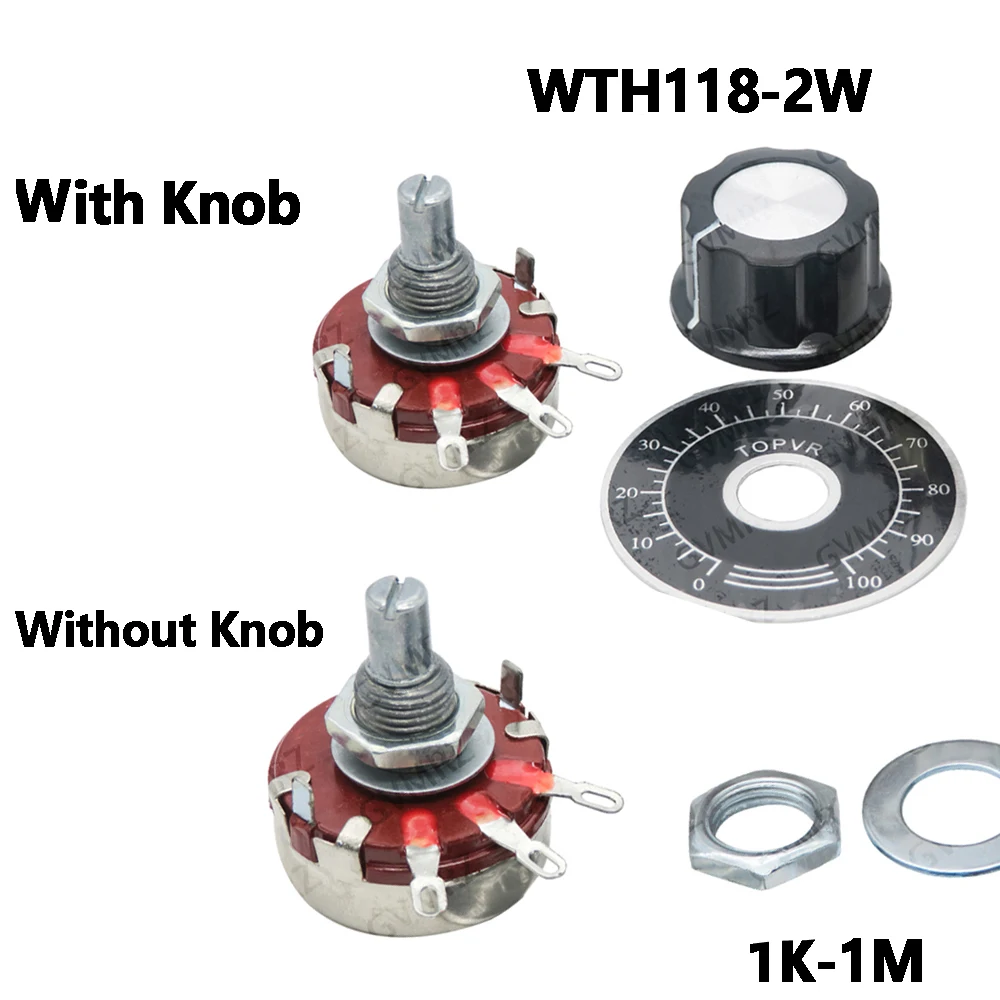 WTH118 4K7 2W 1A resistor 1K 2K2  WTH118-2W Round Shaft Carbon Rotary Taper resistor +MF-203 Potentiometer scale  1M 22K 4K7 10K