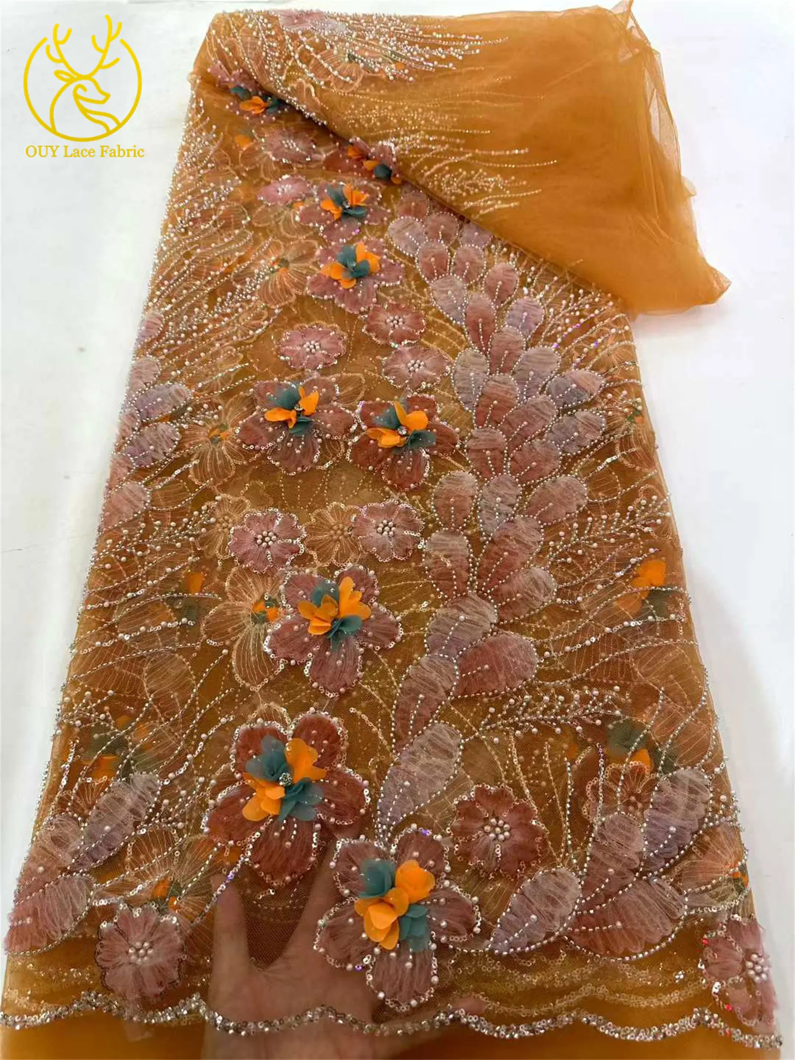 3D-Mesh-Blumen Silber Perlenbesetzter Hochzeitskleid-Spitzenstoff 2026 Afrikanische Französische Pailletten-Stickerei Tüll für Brautparty-Näharbeiten – Detail 12