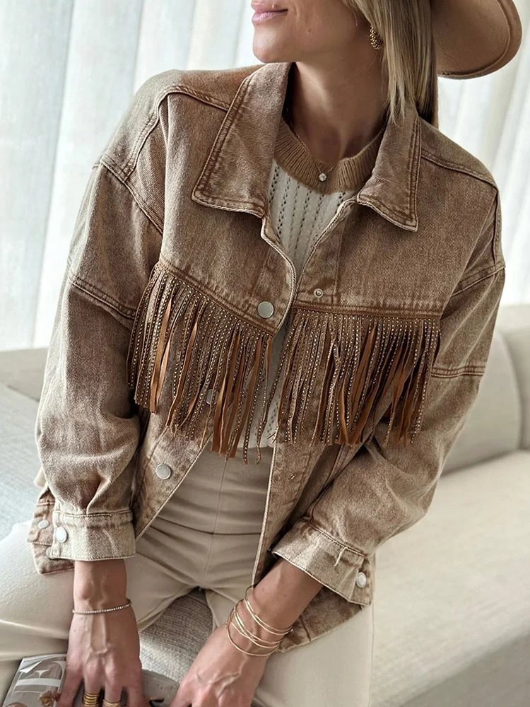 

Gypsylady Stylish Retro Denim Women Jacket Autumn Winter Tassels Long Sleeve Cotton Khaki Brown Ladies Biker Jackets Chaquetas