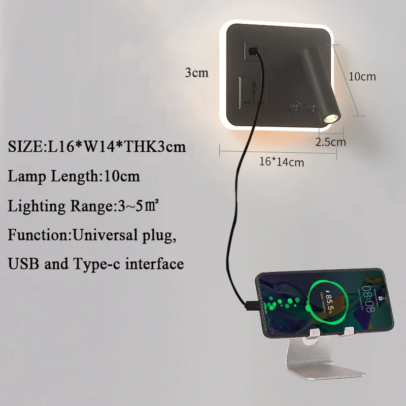 Imagem -04 - Rotatable Led Cabeceira Lâmpada de Parede Porta Carregador Usb Quarto Reading Light Bedside Wall Lamp Wall Spotlight Study Fixture