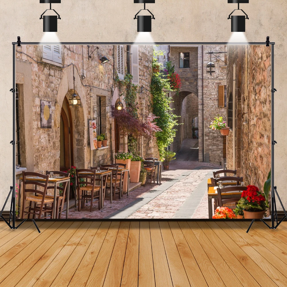 

Laeacco Old Town Brick Stone Wall Corridor Desk Chair Scene Photo Backgrounds Customized Photographic Backdrops For Photo Studio