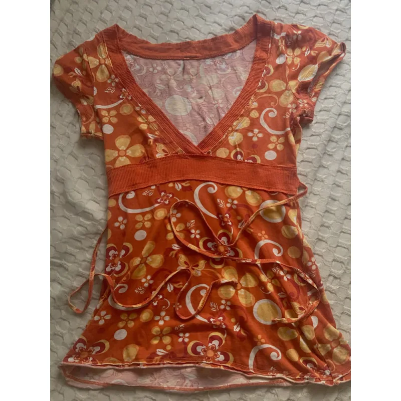 2026 Summer Women Orange Print V Neck Tank Top Sexy Elegant Versatile Ins Sleeveless Vest