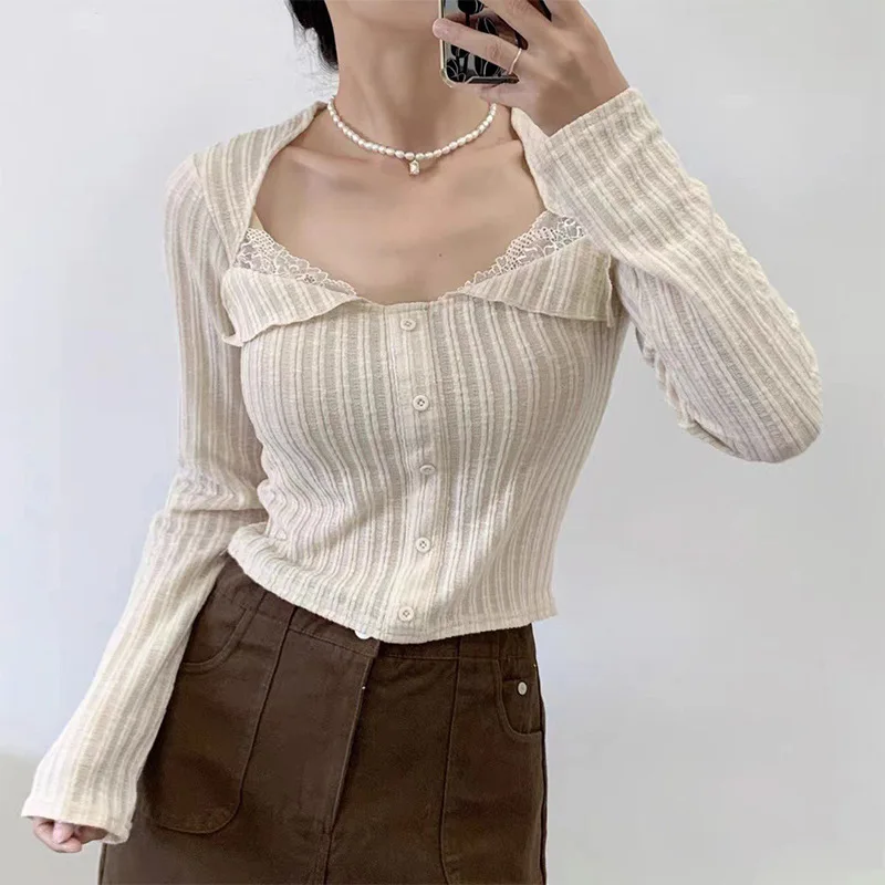 

2025New Spring and Autumn New Square Neck Long Sleeve Solid Color Knitted Single-Breasted Shirt Women PG5833