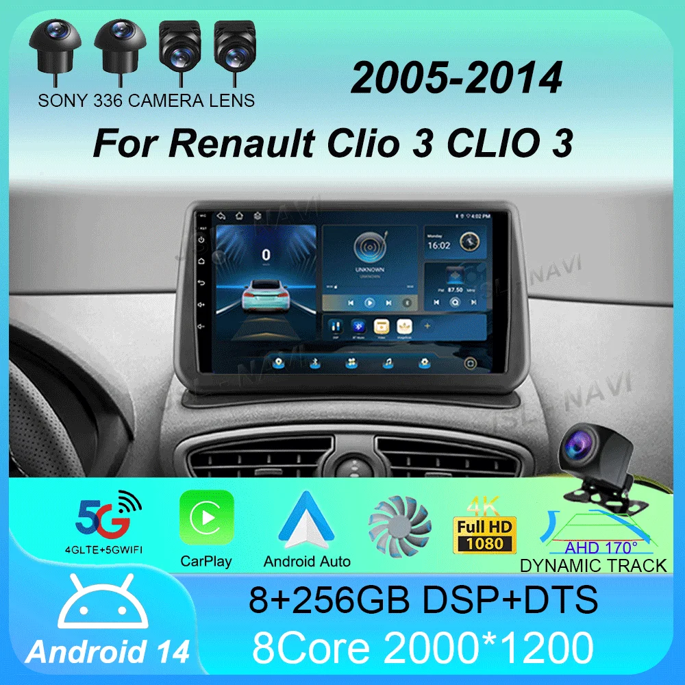 Car Radio Android 14 CarplayFor Renault Clio 3 CLIO 3 2005 2006 2007 - 2014 Navigation GPS Multimedia Player WiFi+4G stereo BT