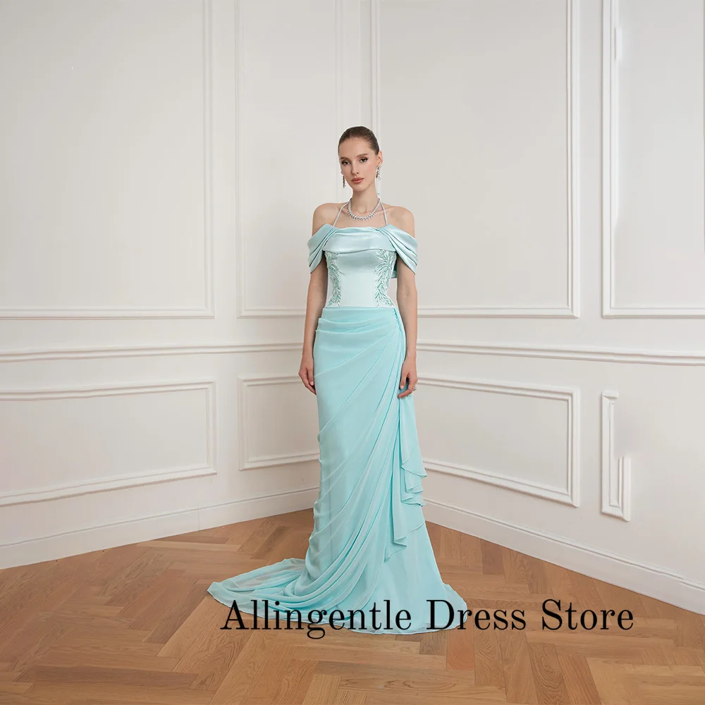 Customizd Elegant Halter Off The Shoulder Mermaid Evening Gown Satin Chiffon Beaded Appliquies Long Train Formal Dress 2027