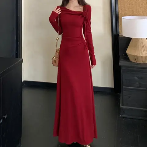 Elegant Red Floral Long Sleeve Dress for Women Folded High Waist A- Line Skirt French Style Vintage Fashion for Party Streetwear