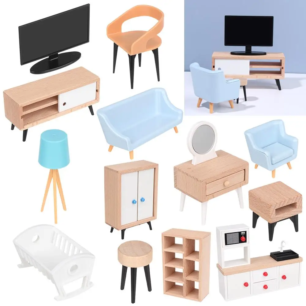 Jogando casa cena modelo micro paisagem mini mobiliário casa de bonecas móveis em miniatura sofá cama guarda-roupa armário tv