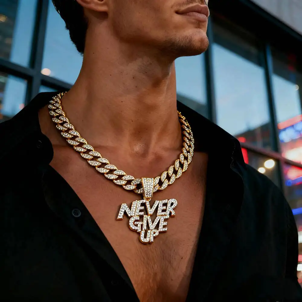 European And American Style NEVER GIVE UP Letter Pendant Niche Design Cuban Chain Alloy Full Diamond Hip Hop Necklace