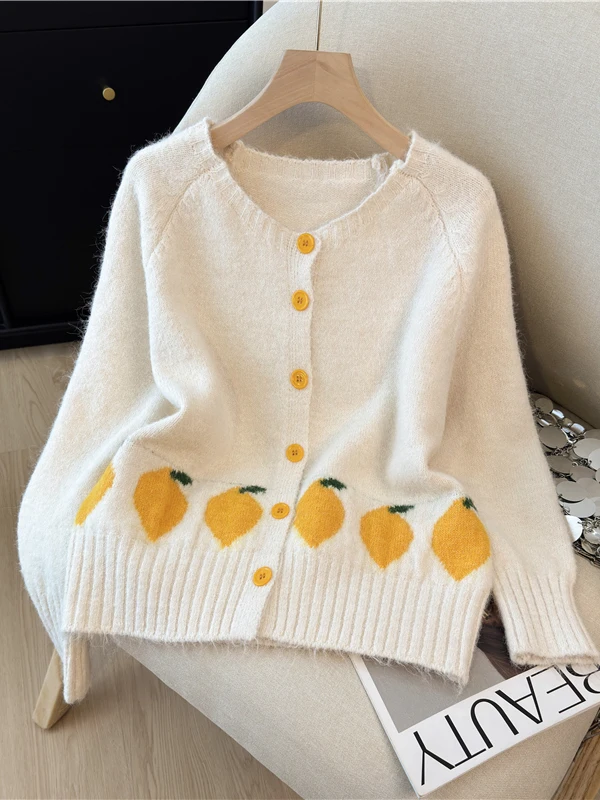 

Pink Knitted Cardigan Women's Unique Beautiful Top Art Student Bright Style Sweet Loose Fit Cotton Blend Long Sleeve V-Neck