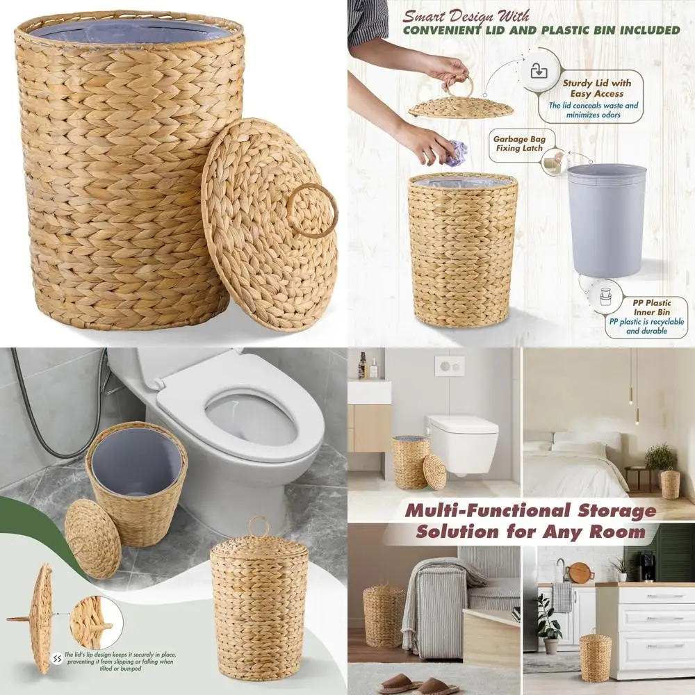 

Large Woven Rattan Waste Bin with Removable Liner for Bathroom and Office Use, 4.5 Gallons Capacity