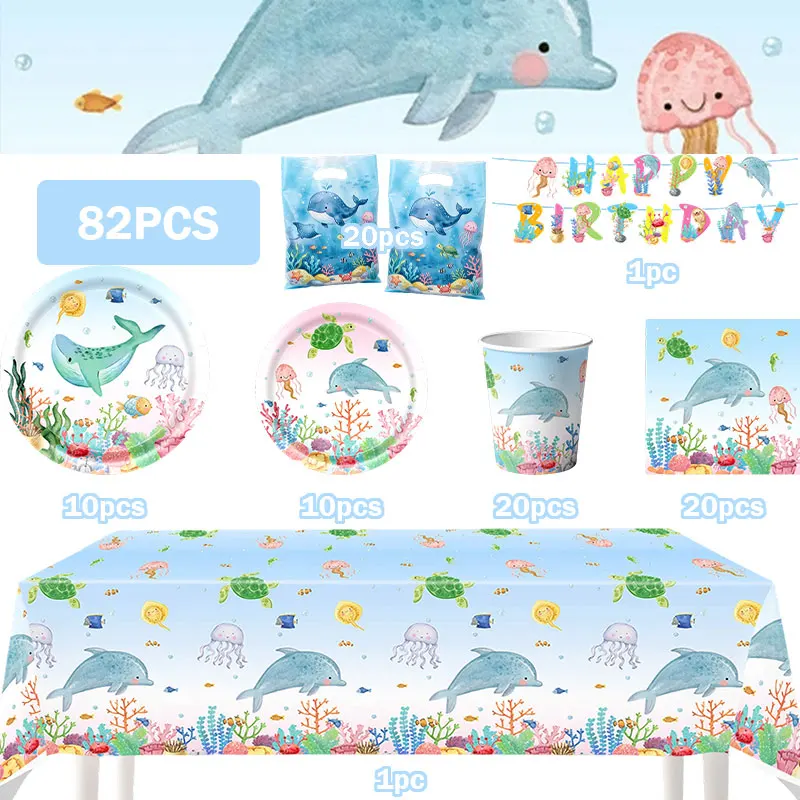 Ocean Theme Birthday Decoration Party Supplies Set Plates Cups Tablecloth Gift Bags Sea Animal Happy Banner Backdrop Cake Decor