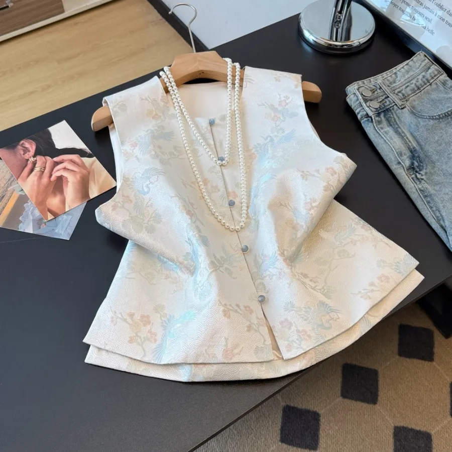 New Chinese Style Handmade Button Stand Collar High End Embroidered Satin Vest Top Outerwear Improved Traditional Design