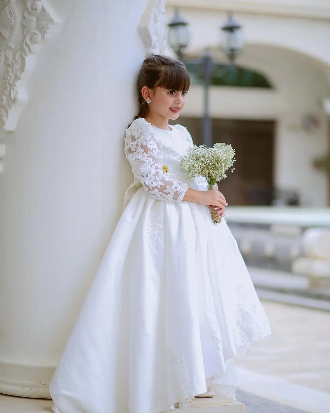 Vestido blanco de flores con apliques para niña, vestido de boda de manga larga de satén con lazo, vestido de princesa para cumpleaños, vestidos de primera comunión