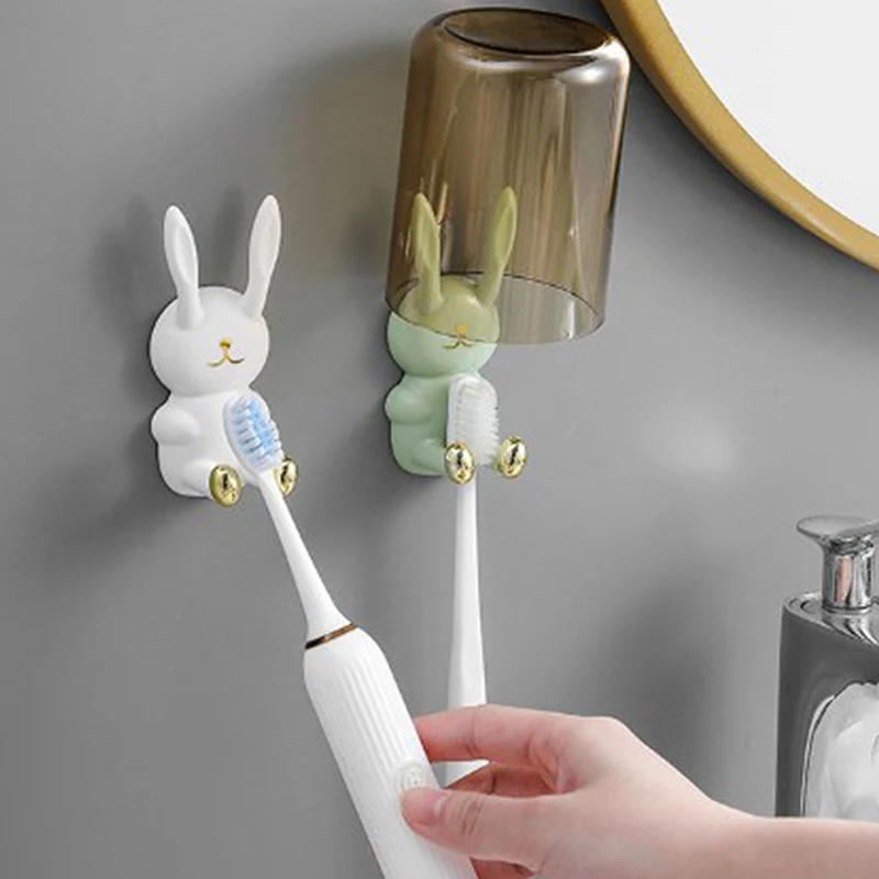 Cute Rabbit Toothbrush Holder Punch-free Toothbrush Shelving Strong Adhesive Wall Hook Multifunctional Power Plug Holder Hanger