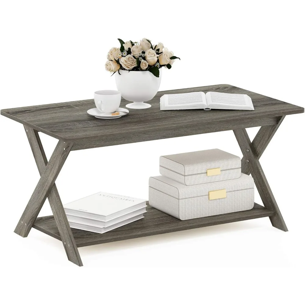 

Modern Criss-Cross Coffee Table, 35.4x19.6x16 Inches, French Oak Grey Finish with Storage Space
