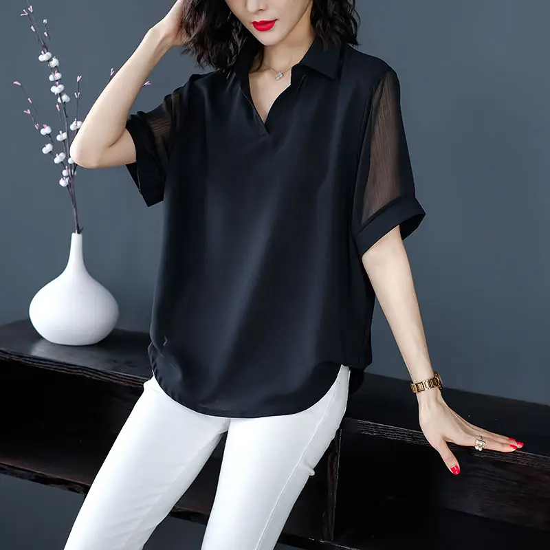 Fashion Lapel Solid Color Spliced Short Sleeve Oversized Chiffon Shirt Summer Casual Tops Loose Commute Women\'s Clothing Blouse