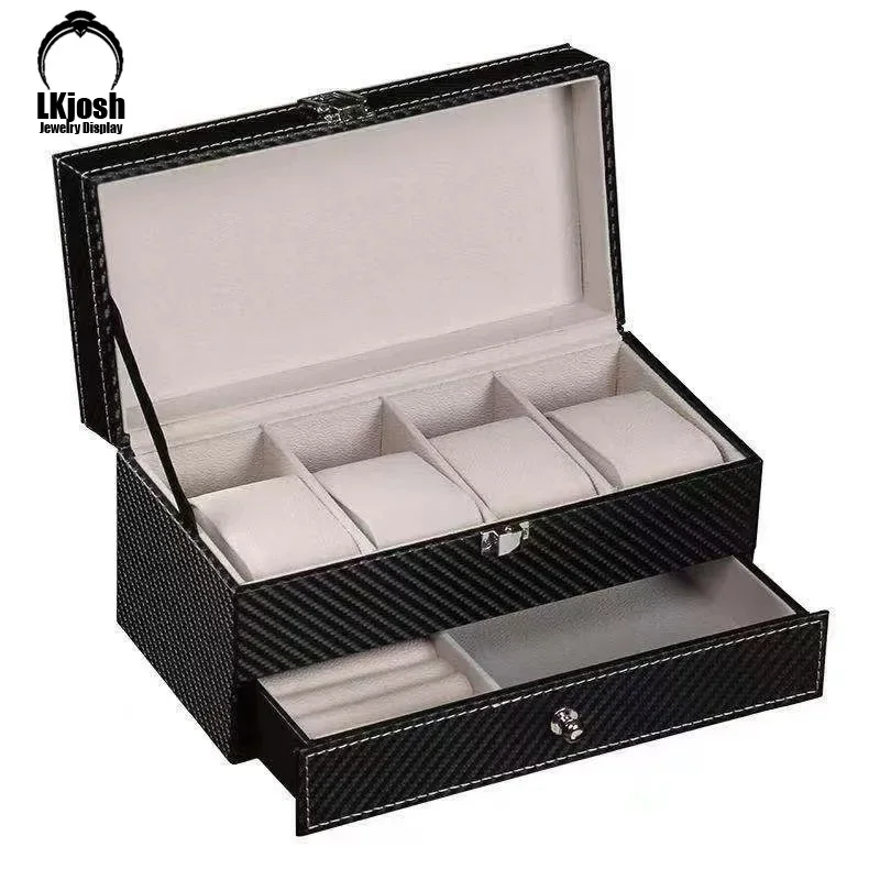 Multiple Sizes of PU Leather Lockable Watch Storage Box Jewelry Display Drawer Box Double Layer Organizer Watch Display Cabinet