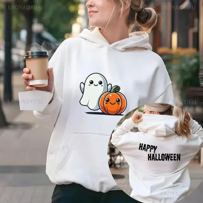 Happy Halloween Pumpkin Woman Hoodie Fall Fashion Cute Bat Spooky Friendly Ghost Trick-or-Treat Apparel Unisex Hooded Sweatshirt