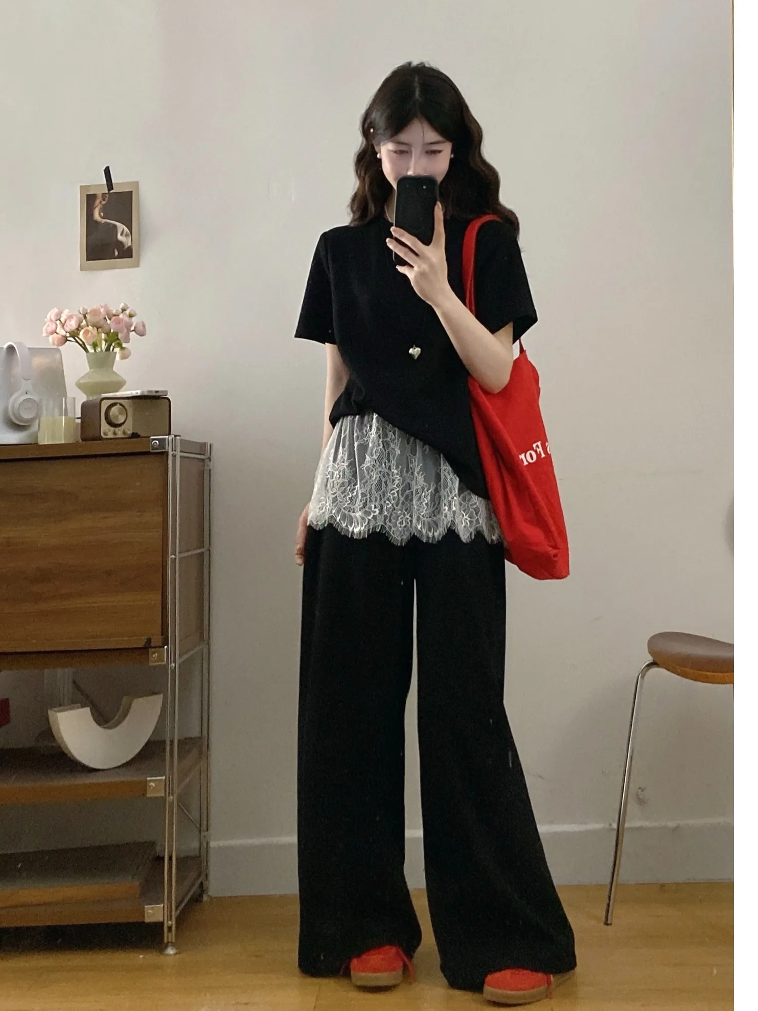 

plus Size Casual Loose Top And Wide Leg Pants Set Women's Summer New High Waist Lace Splicing Korean Style Fashion Ensemble