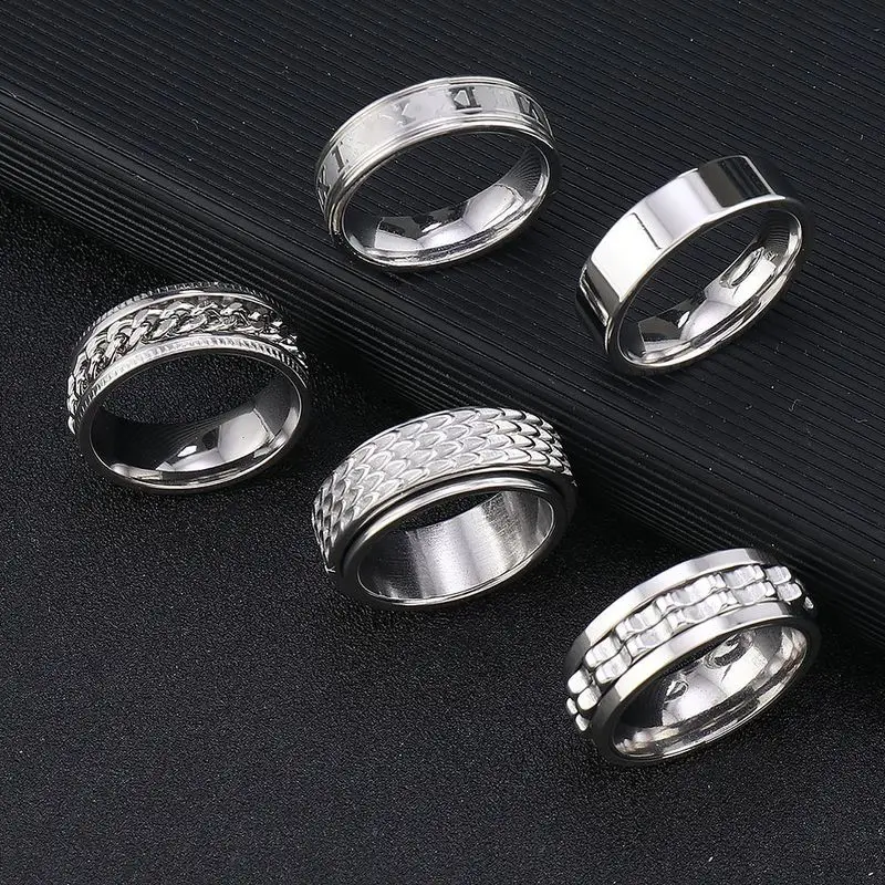 Silver Stainless Steel Spinner Ring for Men, Dragon Scale Cuban Wide Band, Stress Relief Ornament for Hip‑hop Street Guys