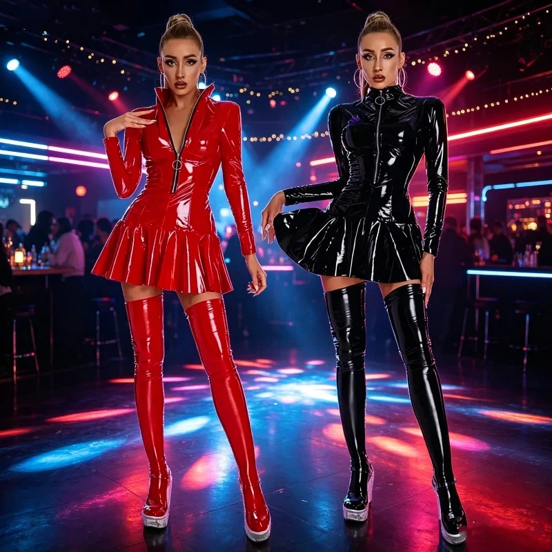 

Shiny Leather Bodycon Short Dress Women Zip Up Turtleneck Dress Masquerade Stage Performance Cosplay Costume