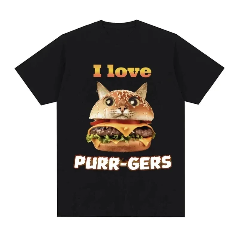 I Love Purr Gers Fun Burger Cat Printed Cotton Fashion Pattern T-shirt Women's Casual Retro Harajuku T-shirt Large Street Wear