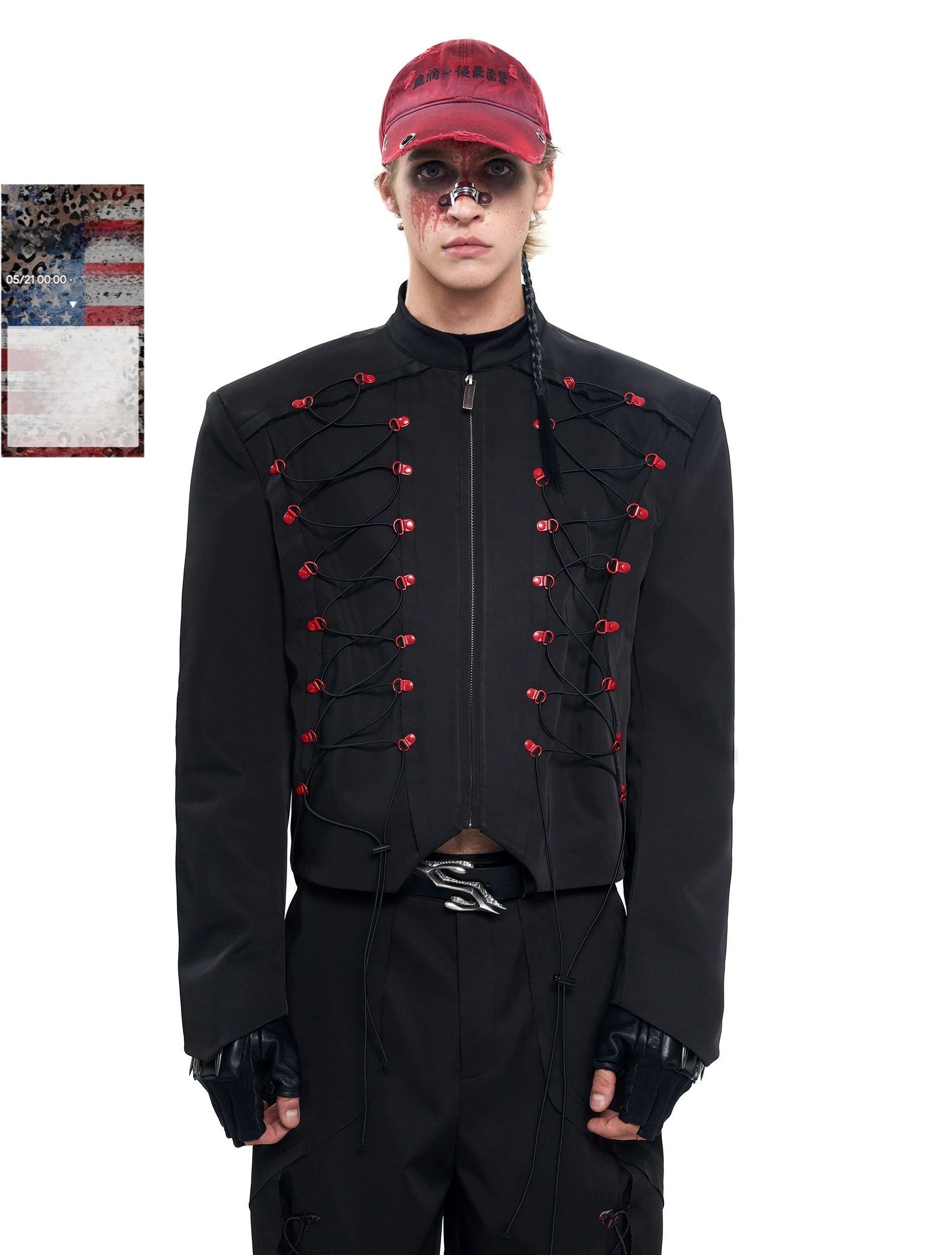 

Black Short Stand Collar Jacket for Men Original Rope Design Autumn Outerwear Loose Fit Polyester Fiber Youth Dark Style