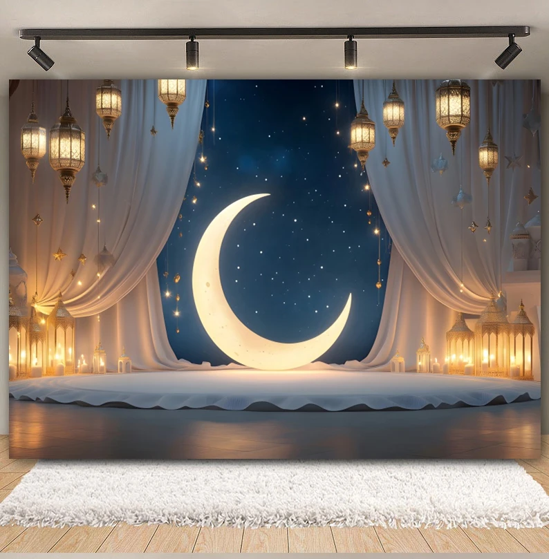 Eid Mubarak Photography Backdrops Mosque Gold Moon Lantern Muslim Ramadan Kareem Islamic Festival Party Decor Photo Background