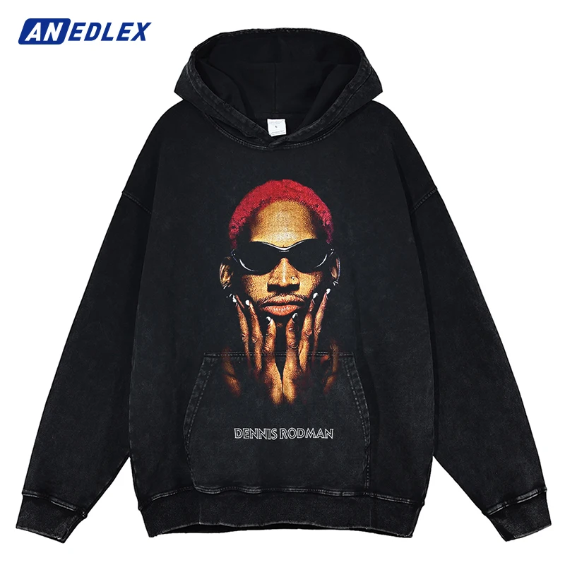 Hip Hop Streetwear Men Washed Hoodie Sweatshirt Rodman Graphic Printed Hoodie Harajuku Cotton Oversized Vintage Hooded Pullover