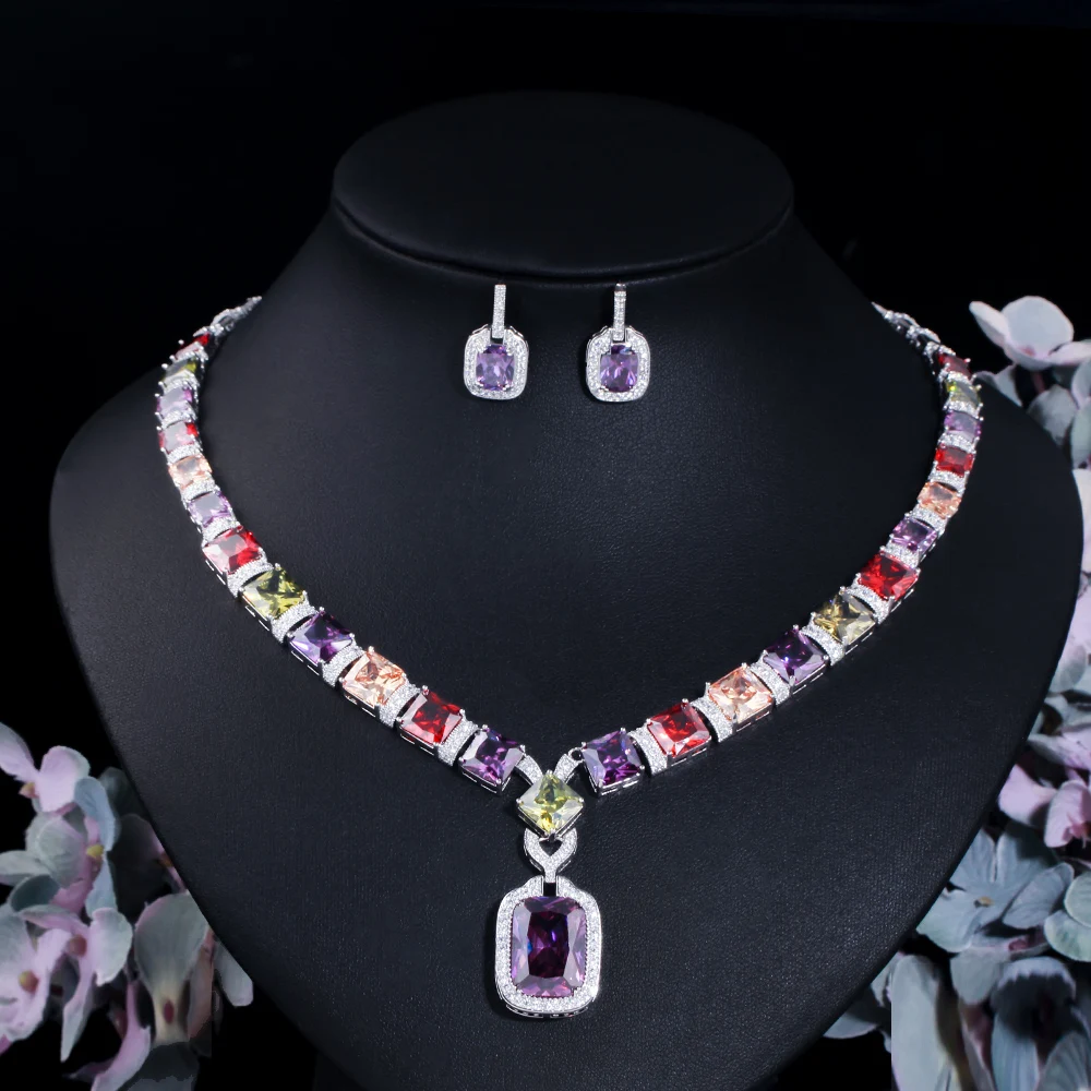 ThreeGraces Luxury Multicolor Cubic Zirconia Big Geometric Square Earrings Necklace Bridal Wedding Jewelry Set for Brides T0633