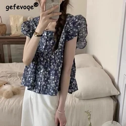 Women Trendy Floral Print Ruffle Sweet Kawaii Blouses 2024 Summer Casual Square Collar Y2K Shirts Female Short Sleeve Loose Tops