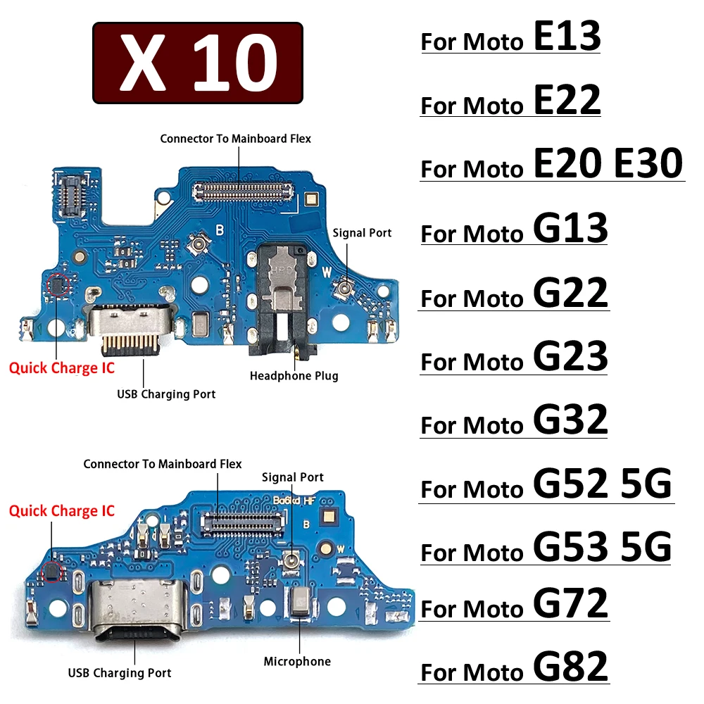 Puerto de carga USB de 10 piezas, Conector de base, placa de carga, Cable flexible para Moto E13, E22, E20, E32, G13, G22, G23, G32, G52, G53, G82,