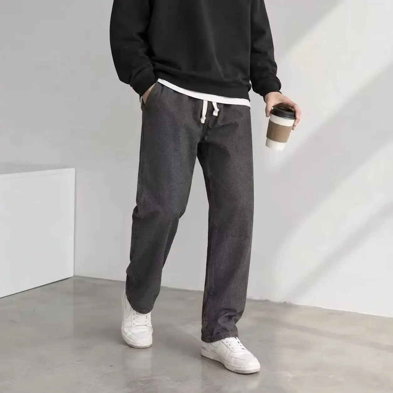 2026 New Streetwear Loose Jeans Men Korean Style Fashion Loose Straight Wide Leg Pants Men's Brand Clothing Black Light Blue