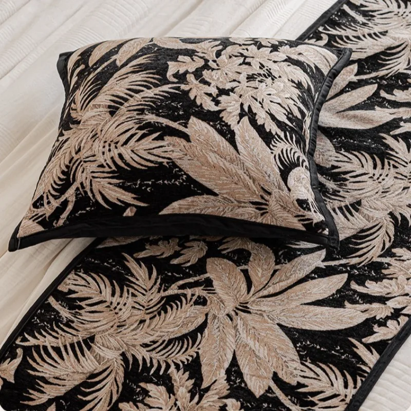 Luxury Black Golden Botanical Leaves Jacquard Bed Runner Elegant Textured Bed End Cover Premium Bed Scarf for Bedroom Home Decor view 6