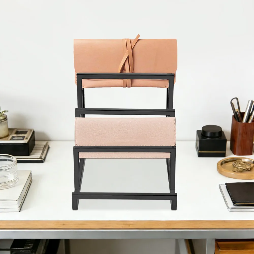 

4-Tier Black Wallet Display Rack - Stainless Steel Electroplated, Space-Saving 5.9x7.1x7.9in,Raised Baffle Smooth Edges for Home