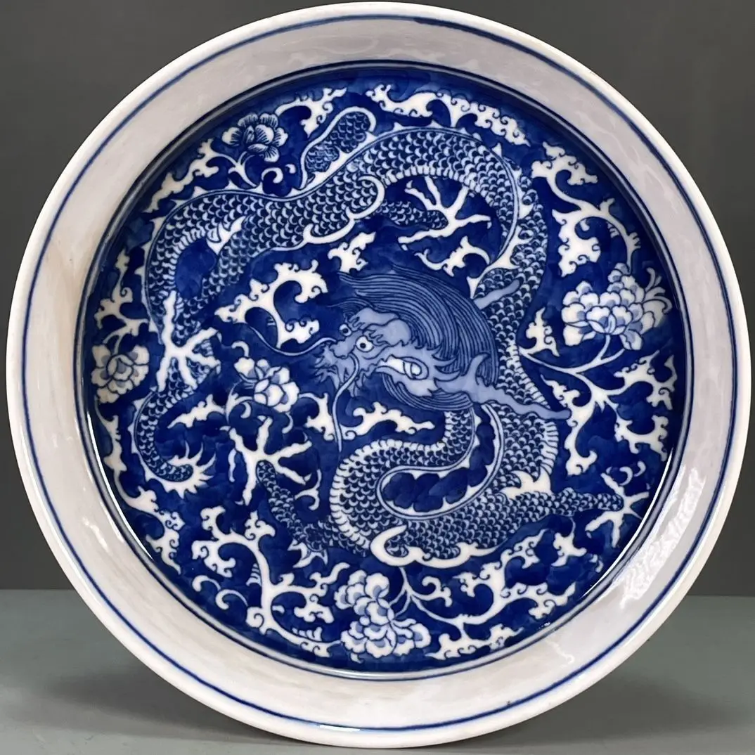 Blue White Porcelain Tea Tray Teapot Holder Hand Painted Dragon Pattern Vintage Chinese Collectible Decor