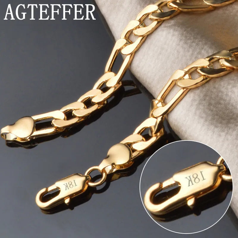 AGTEFFER 8 Inch 925 Sterling Silver 8MM Gold/Silver Full Side Figaro Chain Bracelet For Woman Man Fashion Wedding Jewelry Gift