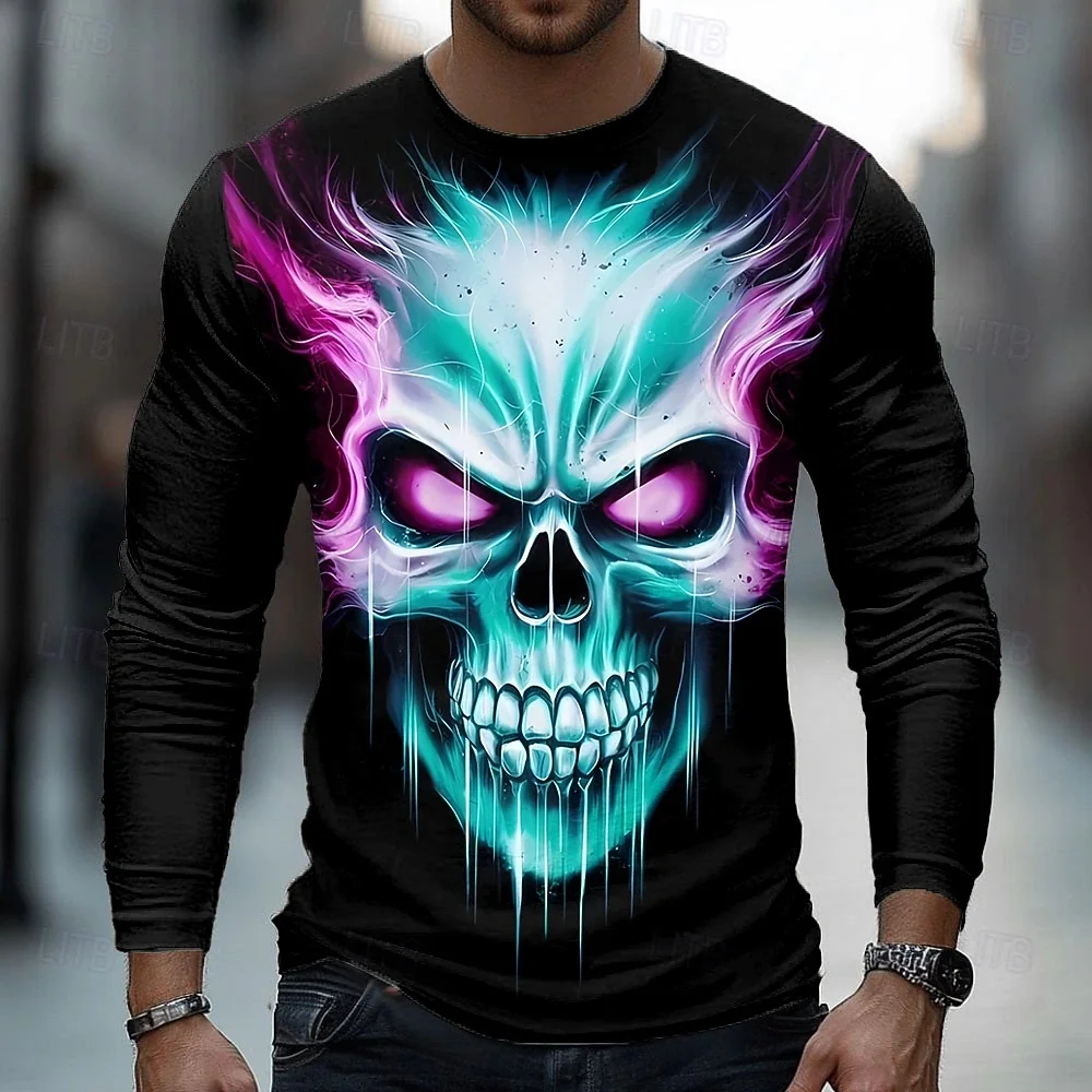 

3D Print Skull Face Graphic Men's T-Shirt Autumn Daily Casual Long Sleeve O-Neck Top Gothic Cool Hip Hop Style Halloween Clothes