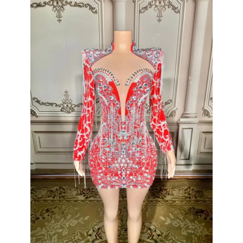 Club Sexy Stage Evening Birthday Celebrate Velvet Rhinestone Big Sleeves Skirt Costume Women Dancer Prom Stones Host Outfit
