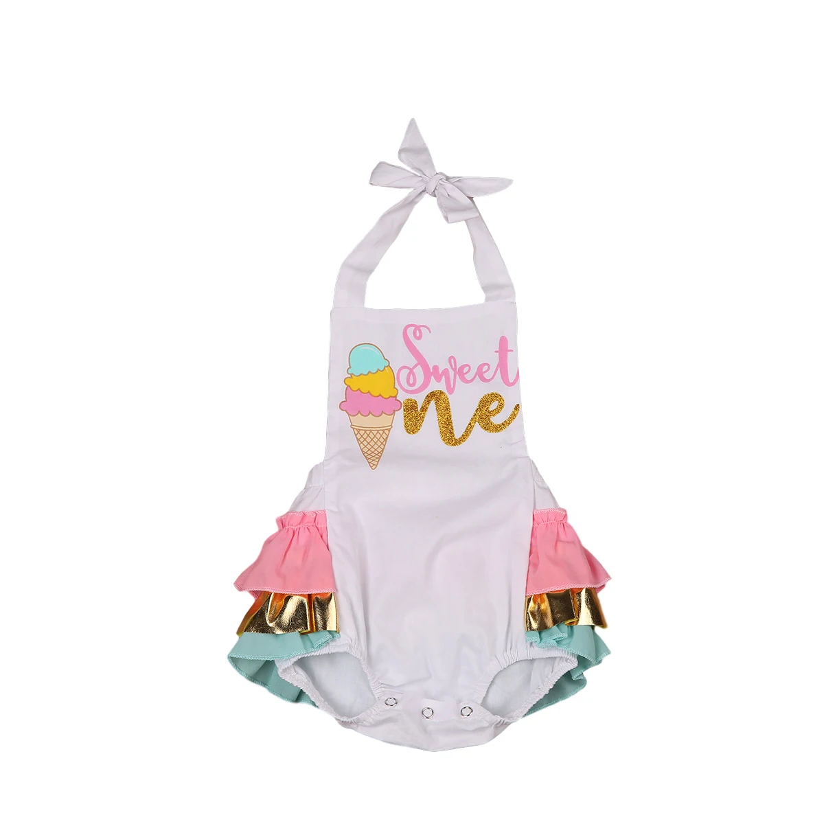 

Sedceaty Cute Baby Girl First Birthday Outfit Halter Romper Ice Cream Cake Smash Bodysuit Sunsuit